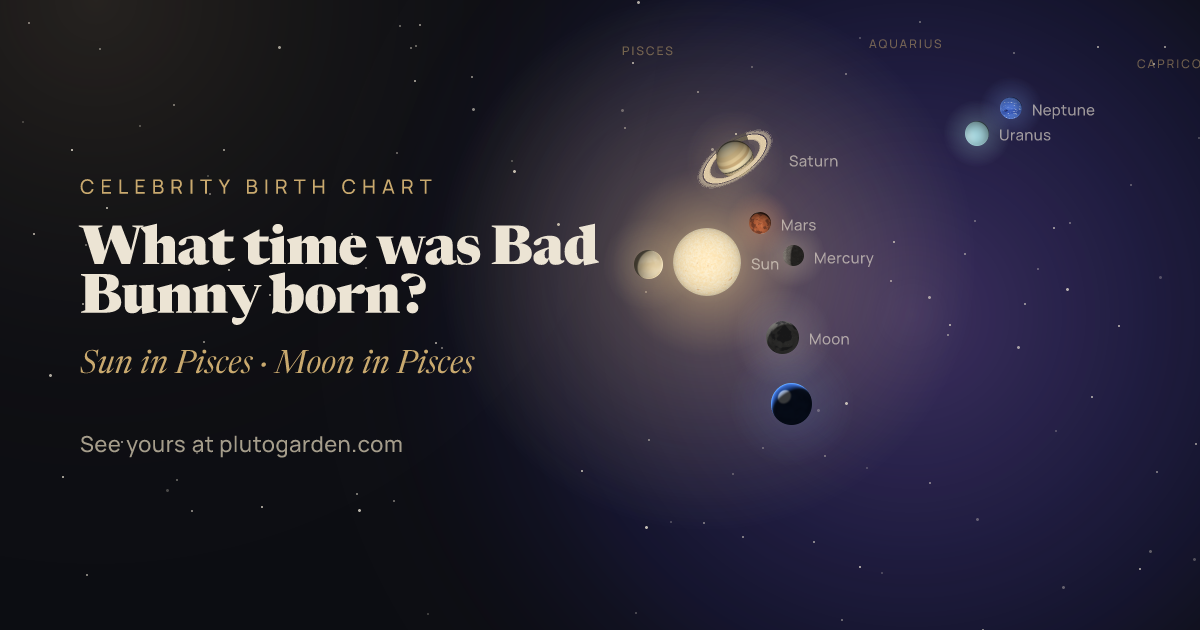 What time was Bad Bunny born?: the sky at that moment drawn in 3D, with Pisces Sun, Aquarius or Pisces Moon