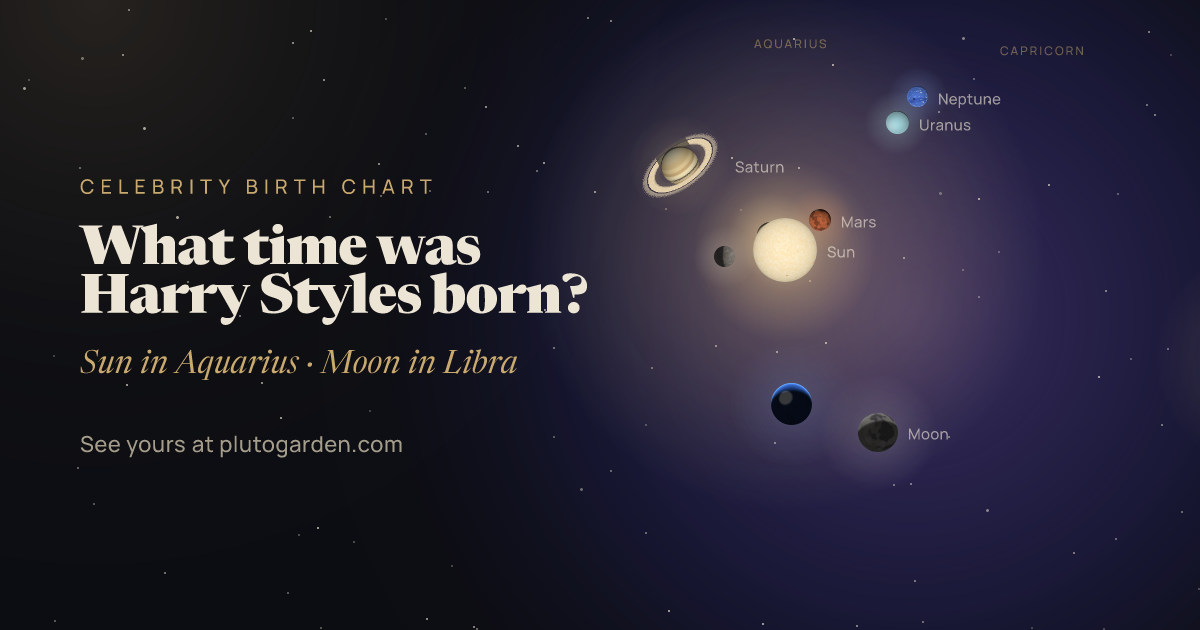 What time was Harry Styles born?: the sky at that moment drawn in 3D, with Aquarius Sun, Libra Moon