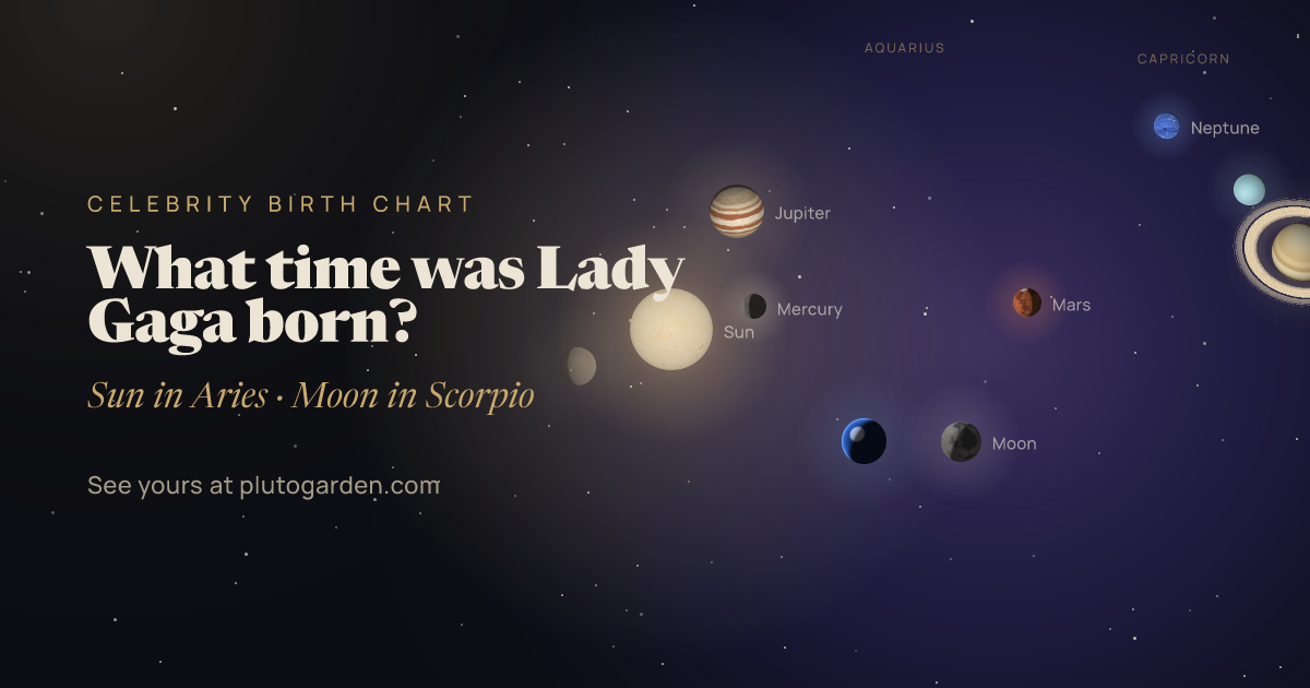 What time was Lady Gaga born?: the sky at that moment drawn in 3D, with Aries Sun, Scorpio Moon