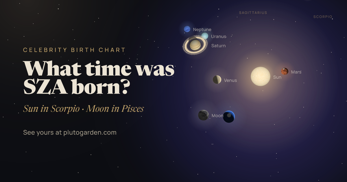 What time was SZA born?: the sky at that moment drawn in 3D, with Scorpio Sun, Pisces Moon
