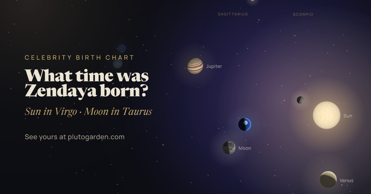 What time was Zendaya born?: the sky at that moment drawn in 3D, with Virgo Sun, Aries or Taurus Moon